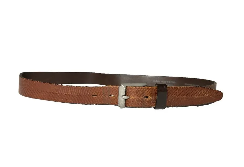 John Varvatos Brown Leather Belt Mens Size 38 Herringbone Texture Handmade Italy